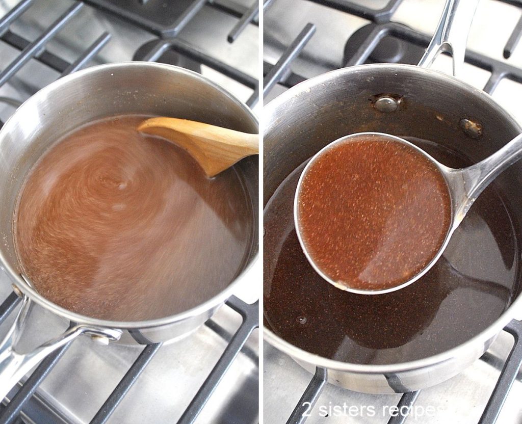 2 photos of a sauce pan stirring the gravy mixture, and the other when it is thickened. by 2sistersrecipes.com