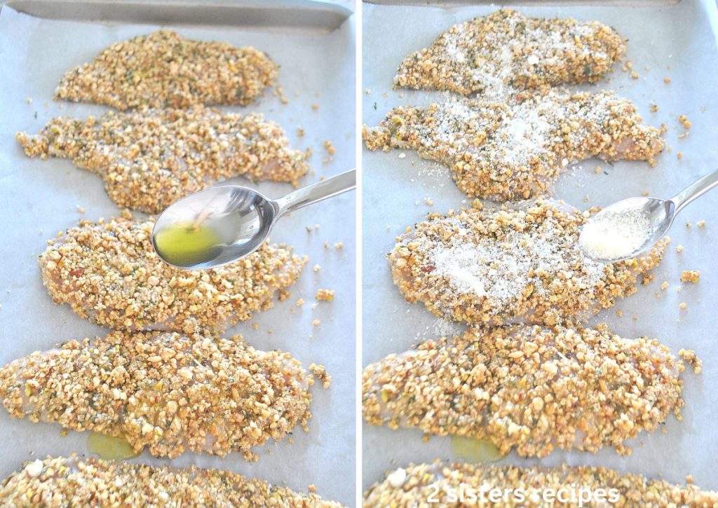 2 photos with nut-crusted coated chicken on baking sheet with oil and cheese spooned over each one. by 2sistersrecipes.com 