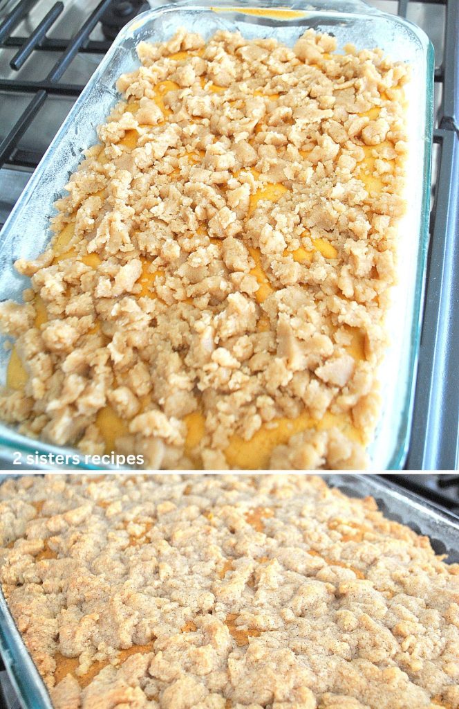 2 photos of raw buttery crumbs topped a half baked cake, and then fully baked cake. by 2sistersrecipes.com