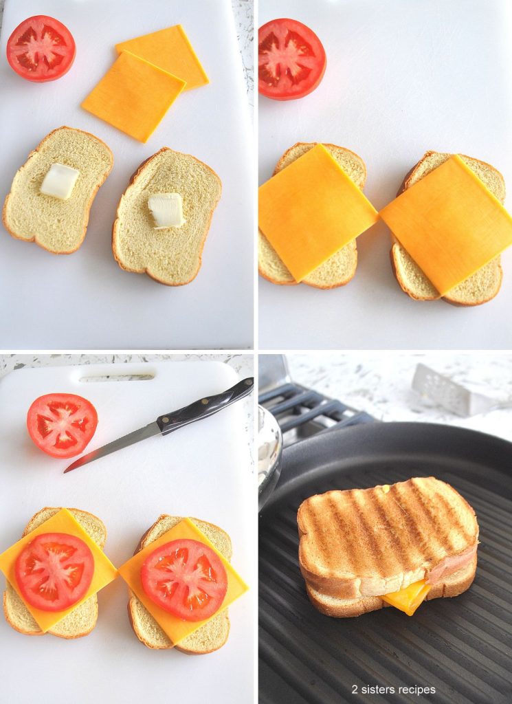 4 steps to making a grilled cheese and tomato sandwich on a white cutting board, then in a skillet. by 2sistersrecipes.com 