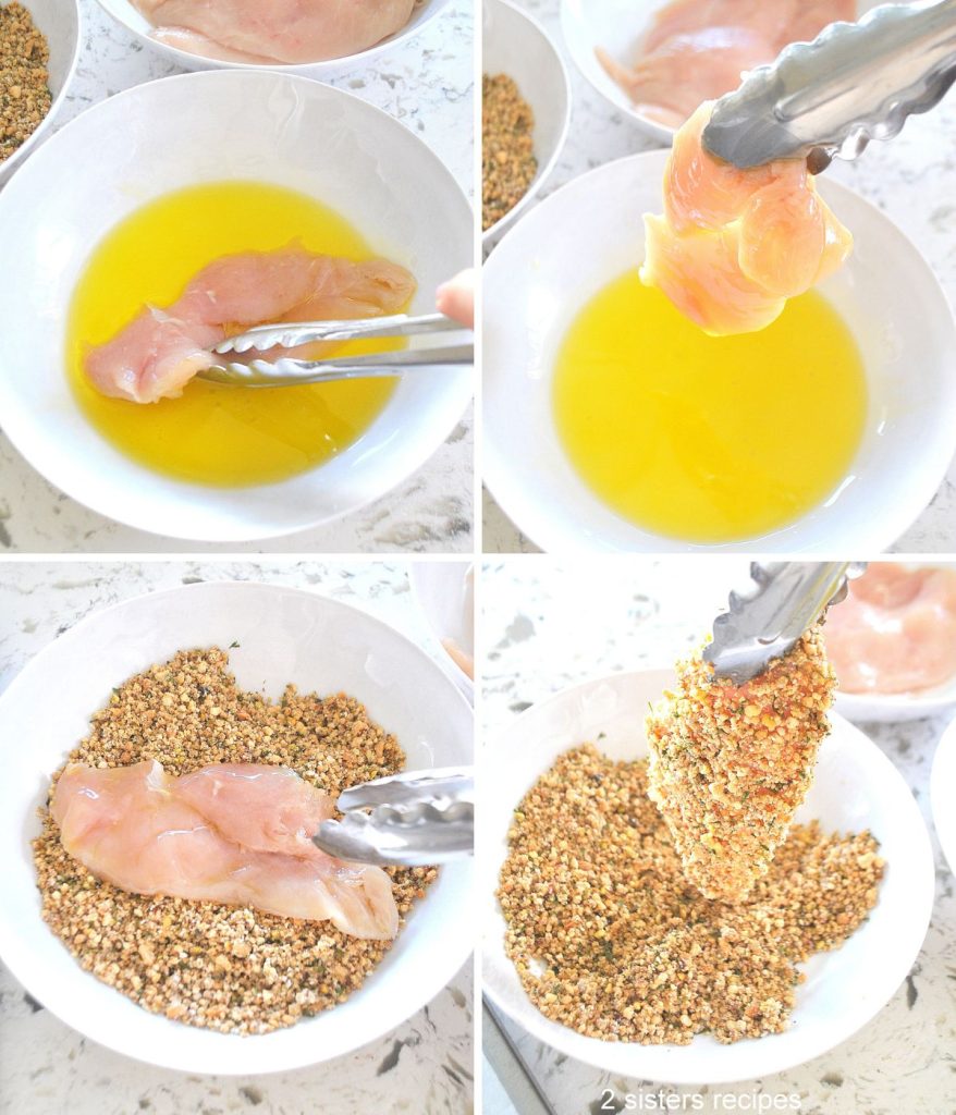 4 photos of step how to coat the chicken in olive oil and chopped nuts. by 2sistersrecipes.com