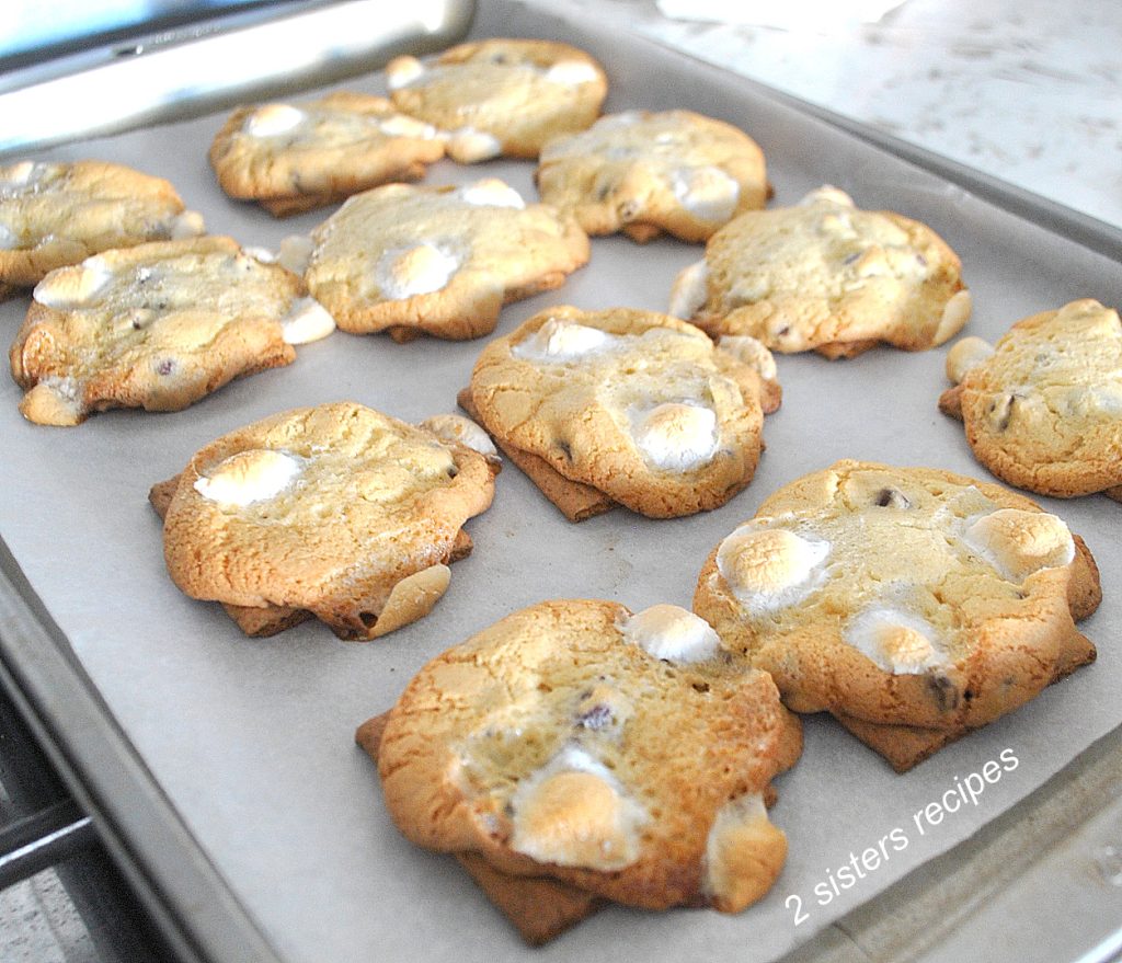 A cookie sheet with smores cookies baked. by 2sistersrecipes.com 