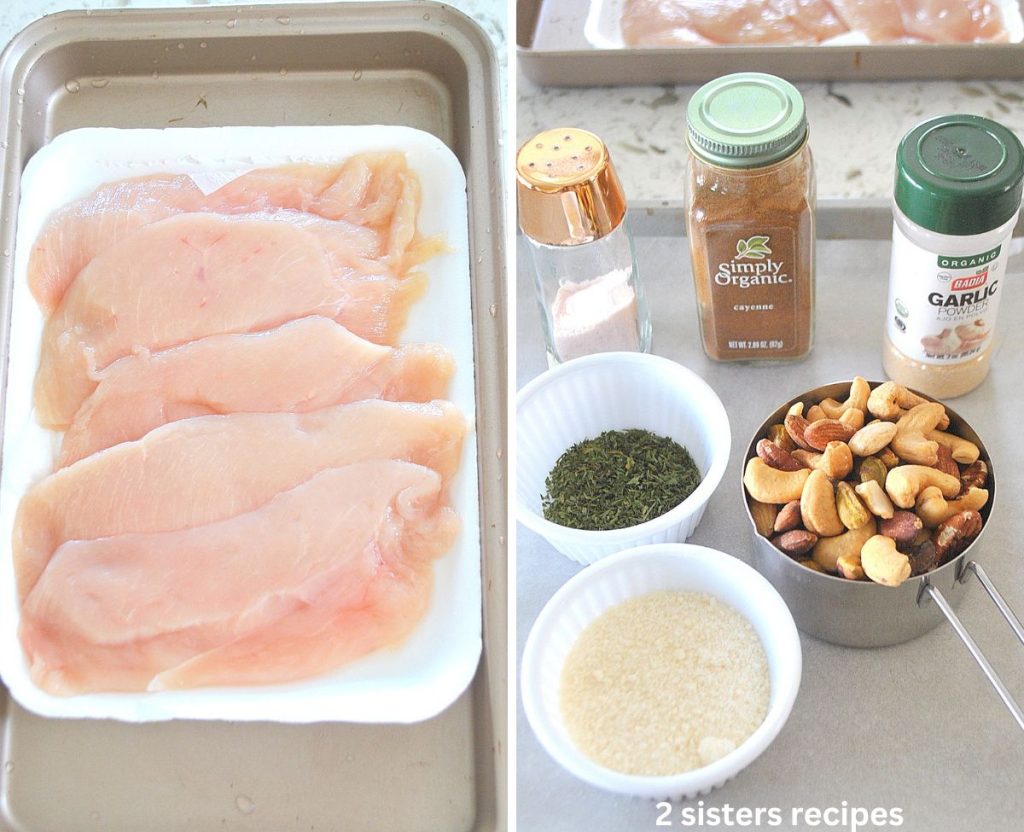 2 photos with a package of raw chicken cutlets and the other ingredients on the counter. by 2sistersrecipes.com