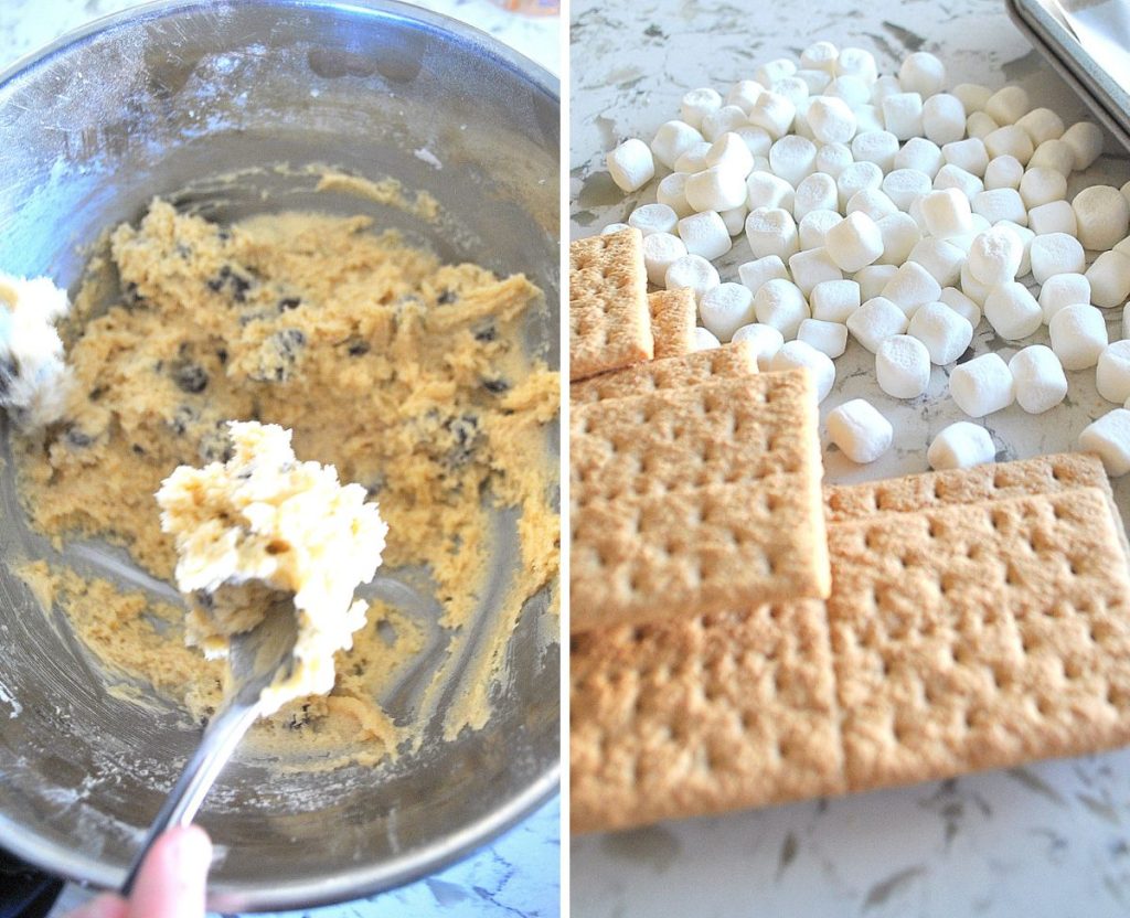 2 photos, one with bowl of raw cookie dough, and the other with graham crackers and mini marshmallows on the counter. by 2sistersrecipes.com 
