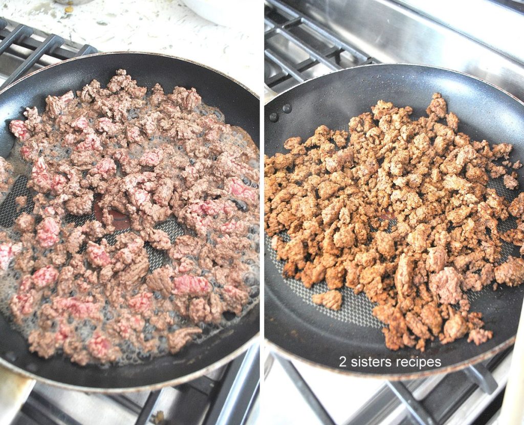 two photos of a black skillet cooking ground beef. by 2sistersrecipes.com