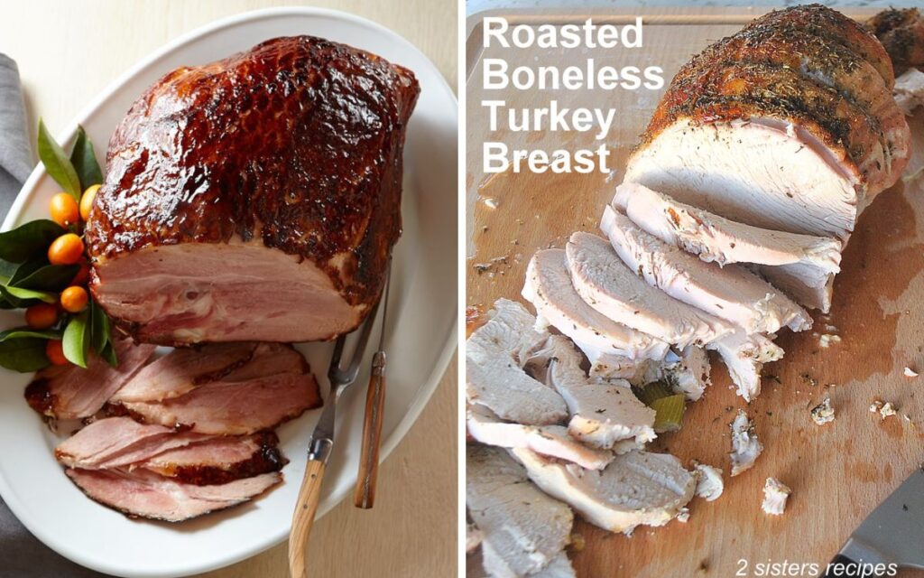 A glazed ham sliced on a platter, and a boneless turkey breast sliced on a platter.