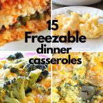 Four white casserole dishes filled with different dishes made with vegetables.