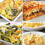 Four different casseroles served in white baking dishes.