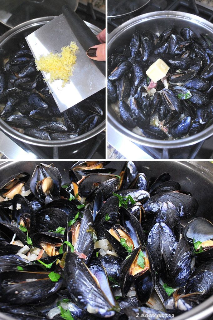 3 photos of mussels cooking in skillet. by 2sistersrecipes.com
