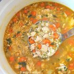 A big pot and a ladle of filled with Homemade Chicken Soup with little pasta and chopped carrots.