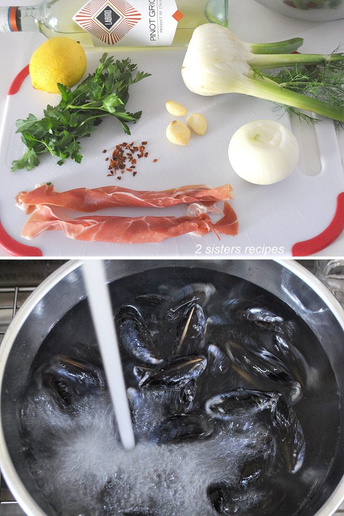 Ingredients for Steamed Mussels recipe are laid on a white cutting board, and mussels in a silver bowl under running water. by 2sistersrecipes.com