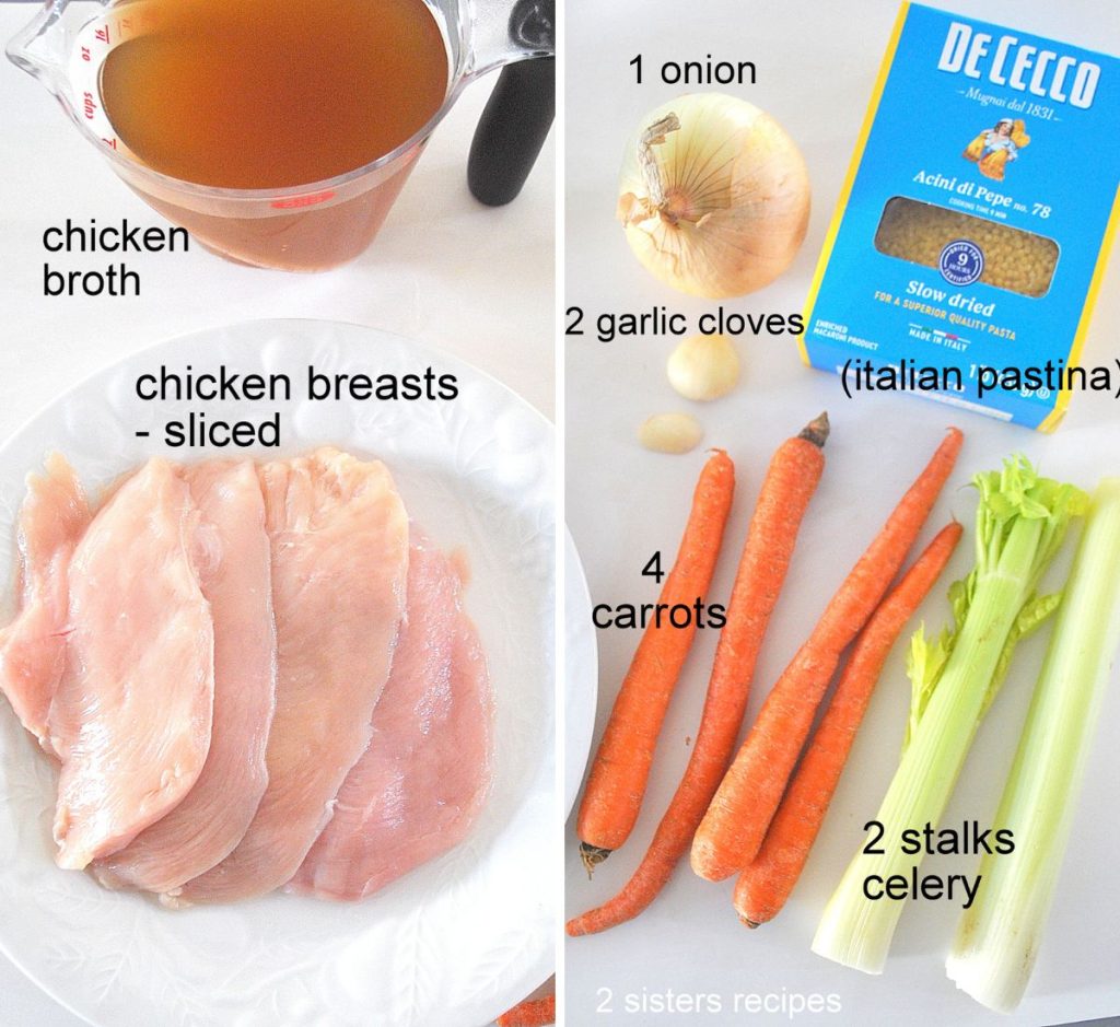 2 photos showing ingredients for homemade chicken soup. by 2sistersrecipes.com