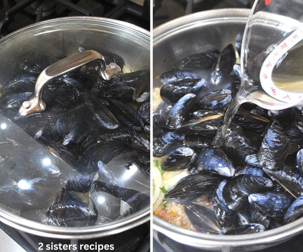 A large skillet with cover over the mussels.  And a photo of white wine poured into the skillet over the mussels.  by 2sistersrecipes.com 