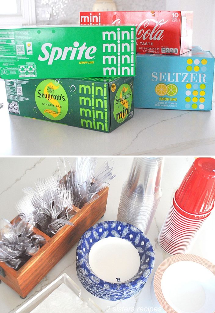 2 photos of party supplies, paper goods, plastic utensils etc. by 2sistersrecipes.com