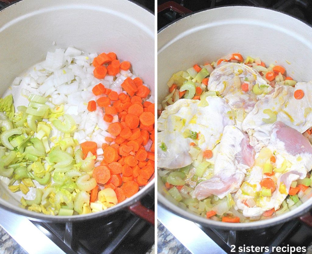 2 photos, one with Dutch oven pot, with mixed chopped vegetables, and the other with raw slices of chicken on top the veggies. by 2sistersrecipes.com