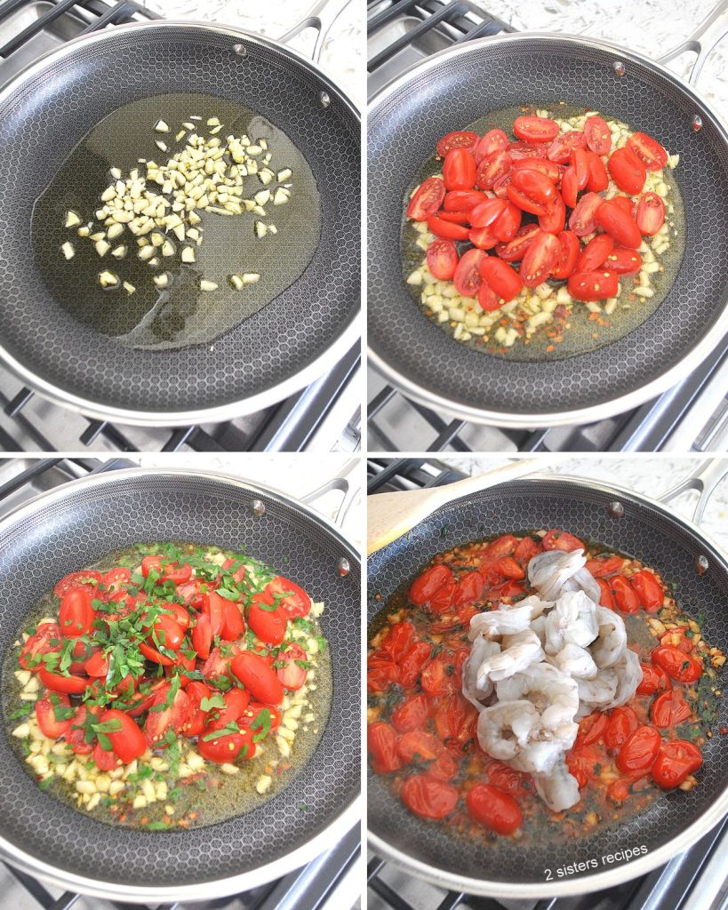 4 photos of simple steps to making easy shrimp spaghetti in a black skillet on stove top.  