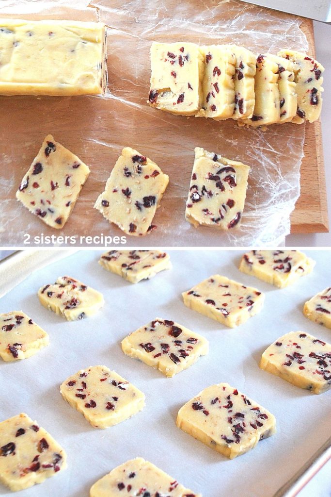 Chilled cookie dough sliced on a cutting board, then onto a cookie sheet. 