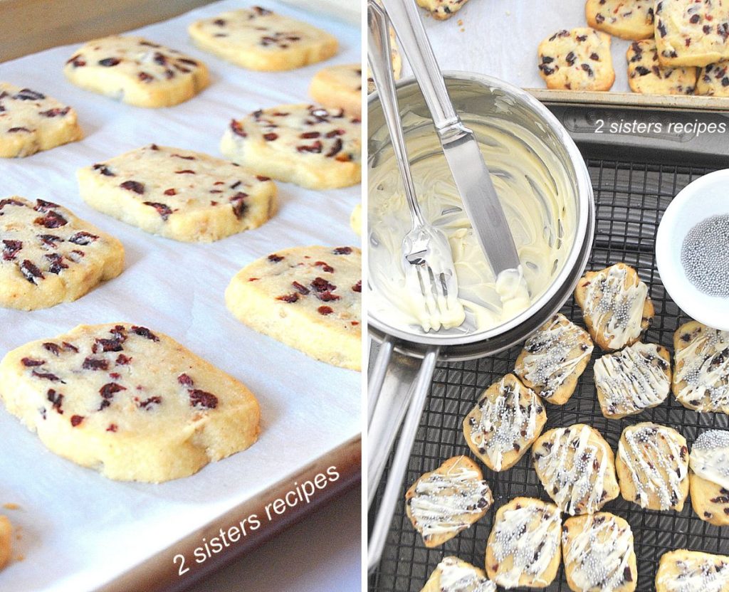 Butter cookies are baked, resting on a baking sheet, and then decorated in the other photo. 