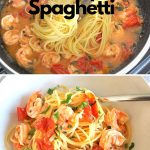 A skillet filled with spaghetti and cooked shrimps. Served in white pasta bowl.