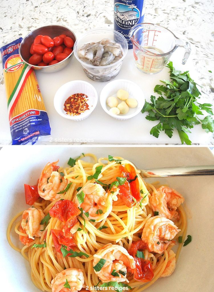 Ingredients for easy shrimp spaghetti are on a white board. Plus, a white dish with the spaghetti with shrimp.