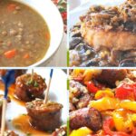 A bowl of lentil soup, a plate with pork chops with mushrooms, sausage and peppers and sausage bites.