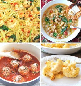 There are 4 different dishes, one with linguine with shrimp, white bean soup, eggplant meatballs in a pot filled with tomato sauce and cheesy cauliflower on a white plate.