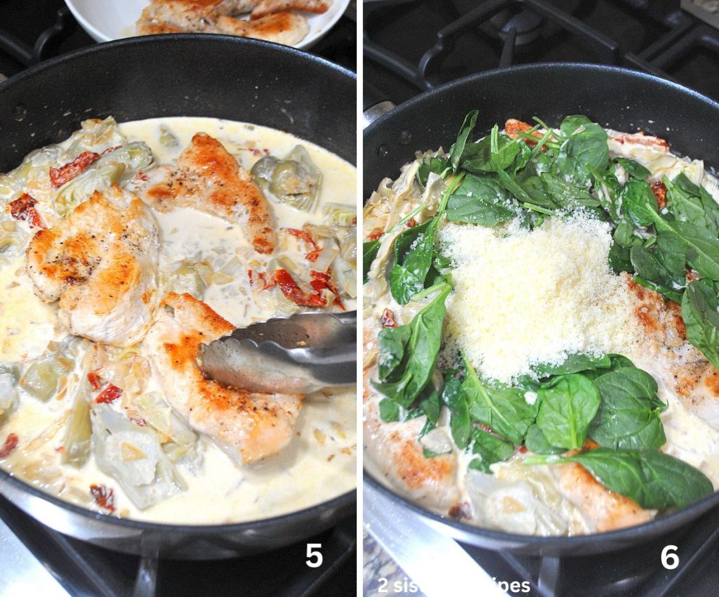 Chicken is placed into the cream sauce, and spinach and cheese are added to the mixture. 
