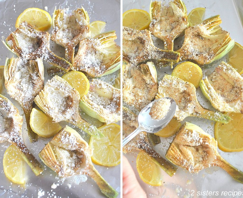 Chokes are faced up on aluminum foil and scattered with grated cheeses and bread crumbs.