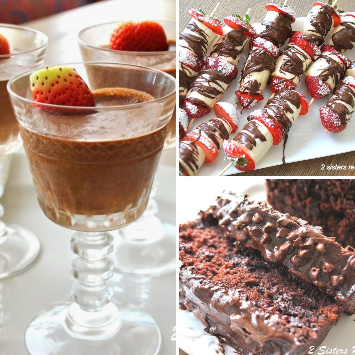 a stem glass with chocolate mousse and strawberry on top, chocolate bread with chocolate frosting and strawberry and banana skewers with chocolate drizzled over them.