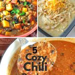 A red bowl filled with sweet potatoe chili, a black square bowl with white beans and shredded cheese on top and a ladle filled with beef chili.