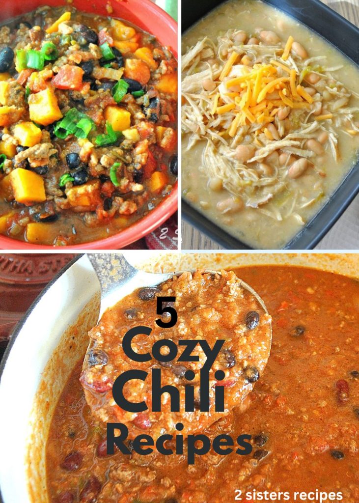 A red bowl filled with sweet potatoe chili, a black square bowl with white beans and shredded cheese on top and a ladle filled with beef chili.