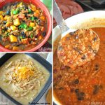 2 bowls with chili and a Dutch oven pot with a ladle filled with chili.
