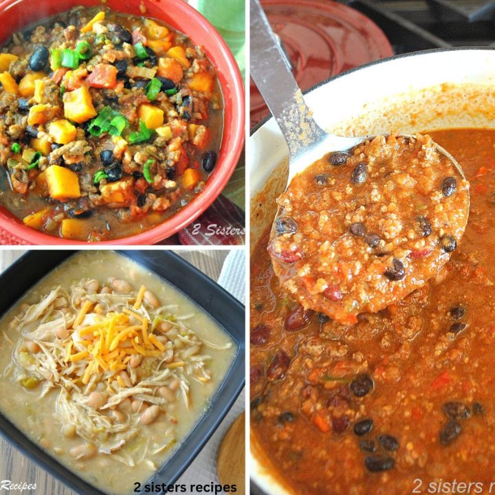 2 bowls with chili and a Dutch oven pot with a ladle filled with chili.