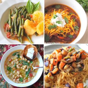 White bowls filled with vegetables, chili, white bean soup and Asian noodles topped with sautéed vegetables.