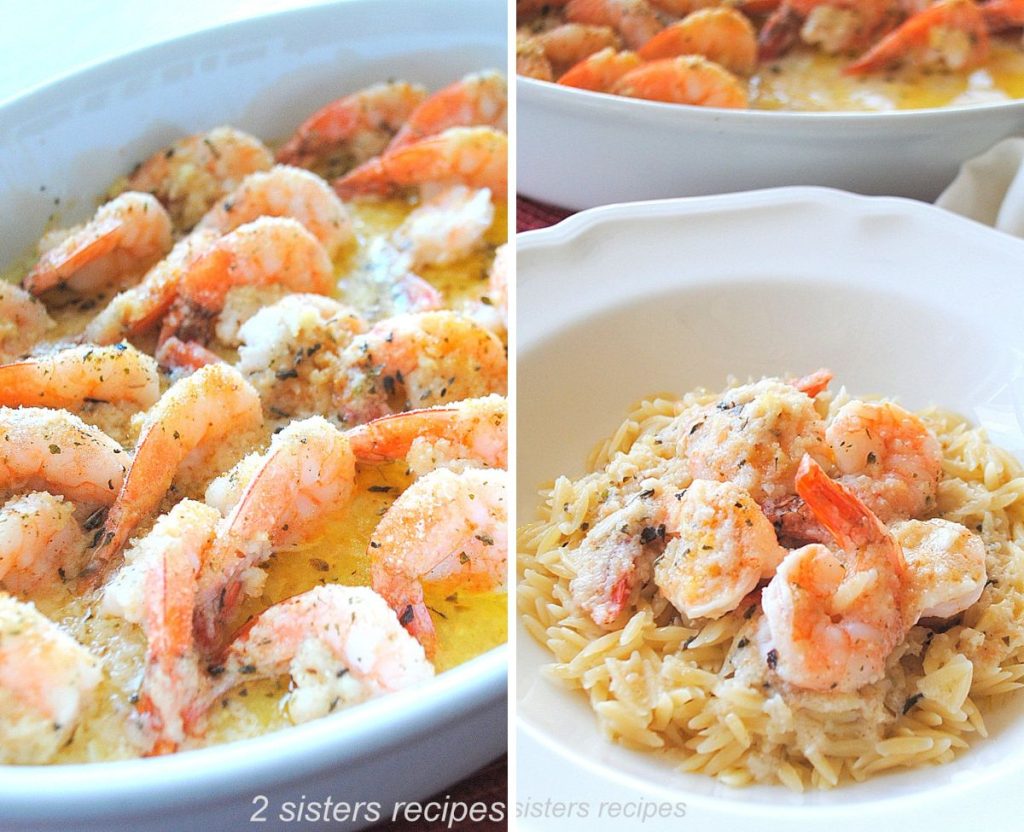 A white platter with cooked shrimp sitting in a butter sauce, and a plate with orzo pasta with shrimp over it.