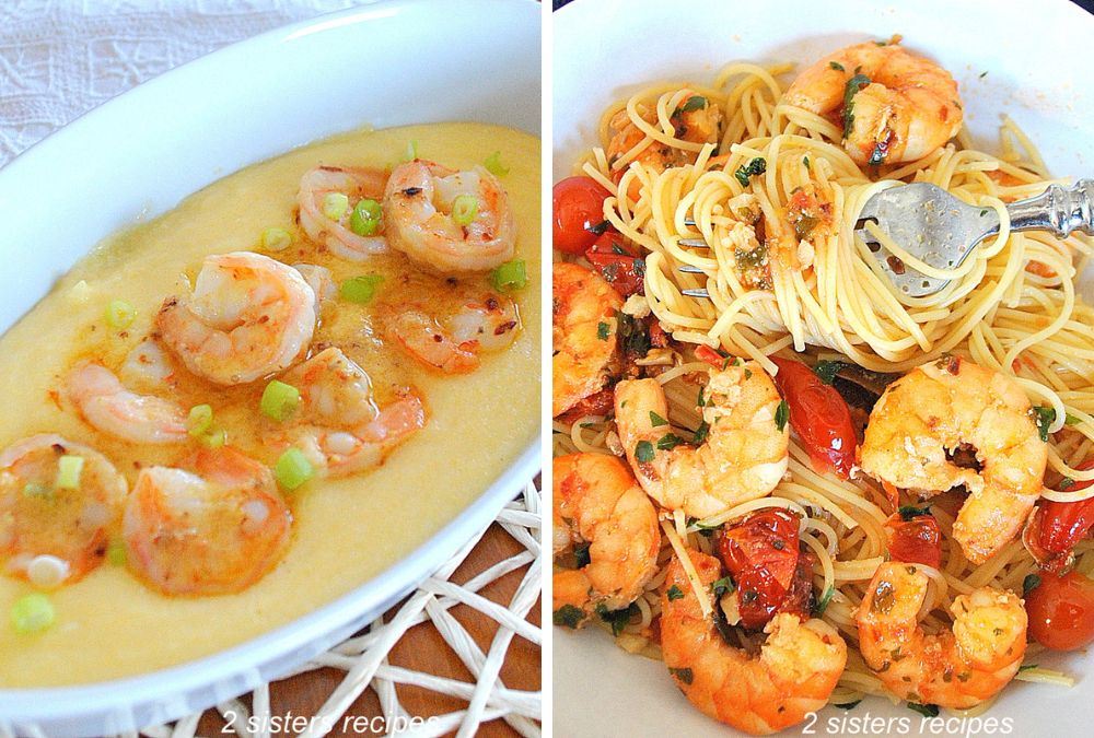 A white platter with polenta and shrimps on top. And a forkful of spaghetti with shrimp. 