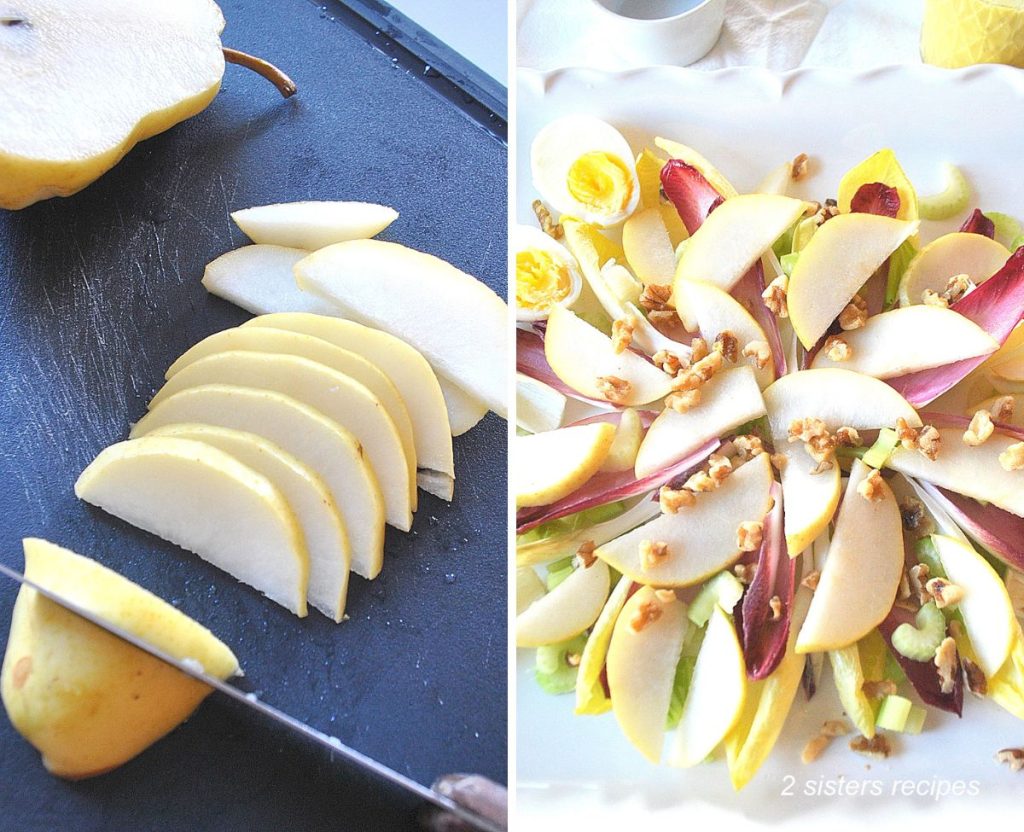 A pear is sliced on a black cutting board, and a salad with sliced pears on top of endive leaves.  