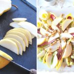 A pear is sliced on a black cutting board, and a salad with sliced pears on top of endive leaves.