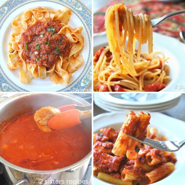 A dish with pappardelle pasta and spaghetti and a pot of tomato sauce, with a forkful of rigatoni pasta.