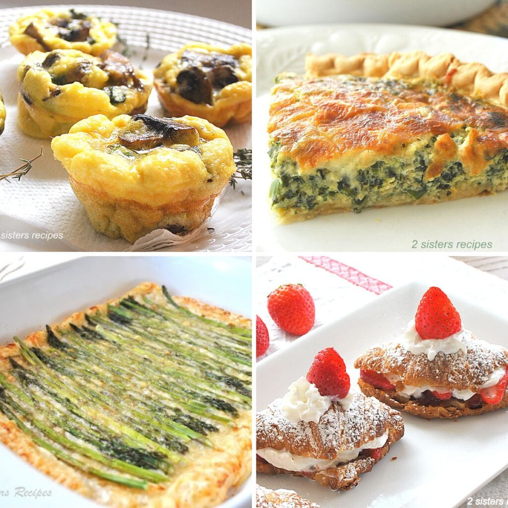 mini egg frittatas, a slice of quiche with spinach, croissants with whipped cream and strawberries on top.