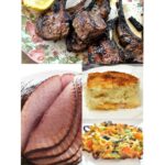 A dish with grilled lamb chops, and slice of mashed potato pie, and Spirled ham sliced.