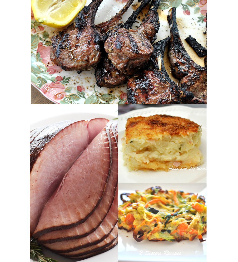 25+Easy Easter Dinner Recipes A dish with grilled lamb chops, and slice of mashed potato pie, and Spirled ham sliced.