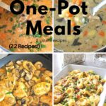 A pot filled with soup, skillet with cooked chicken and mushrooms a skillet filled with tortellini pasta.