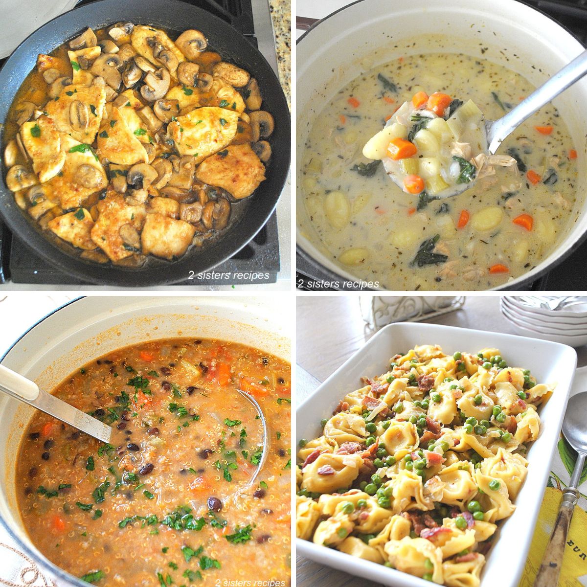 Easy One-Pot Meals (24 recipes!) A skillet filled with cooked chicken and mushrooms, a pot with creamy chicken soup, pot with black bean soup, and casserole dish with tortellini pasta with peas.