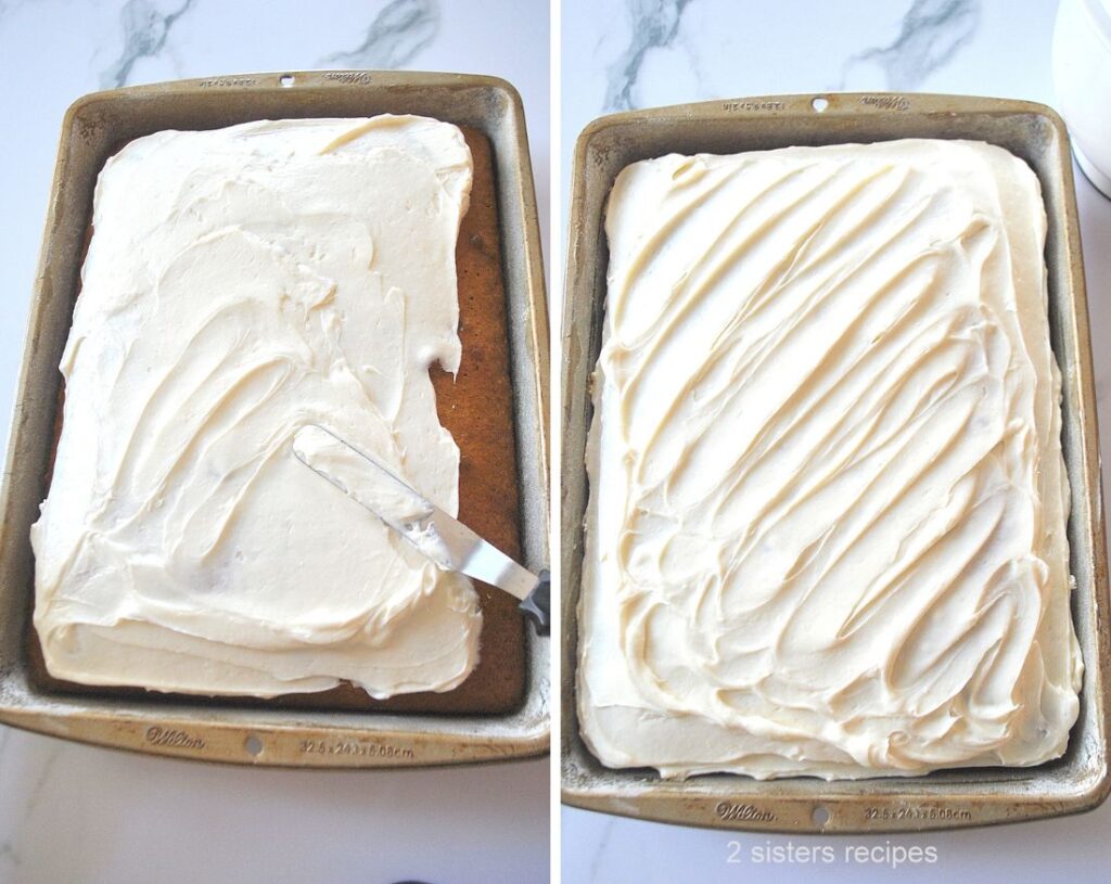 Smearing white frosting over a sheet cake.