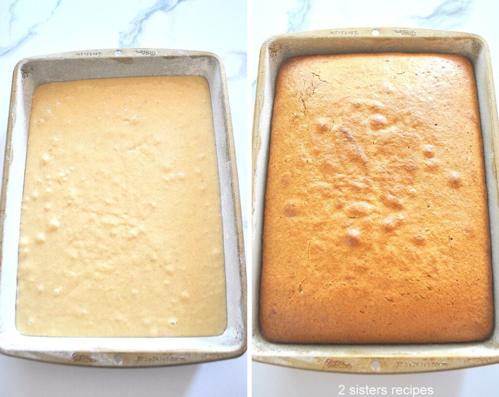 As sheet pan filled with cake batter, then it is baked in the sheet pan. 