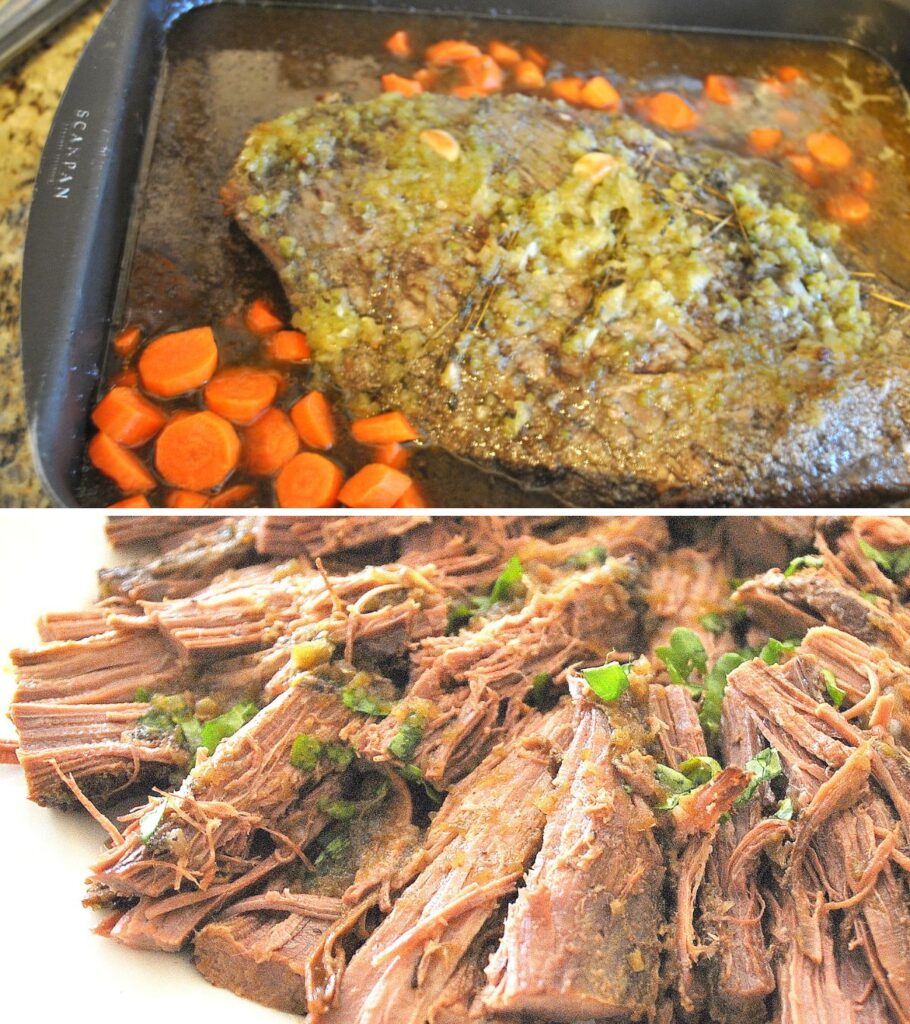 Large brisket meat in a deep roasting pan with liquid and chopped carrots, and meat on a white plate.
