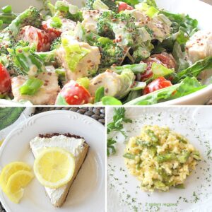 A white bowl filled with chicken salad, and slice of lemon pie with a lemon slice on top and a serving on a white plate with asparagus risotto.