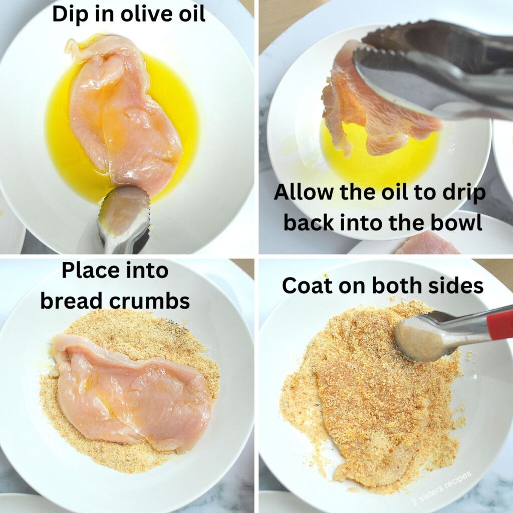 Dipping raw chicken cutlet into olive oil then into bread crumbs, coating both sides.