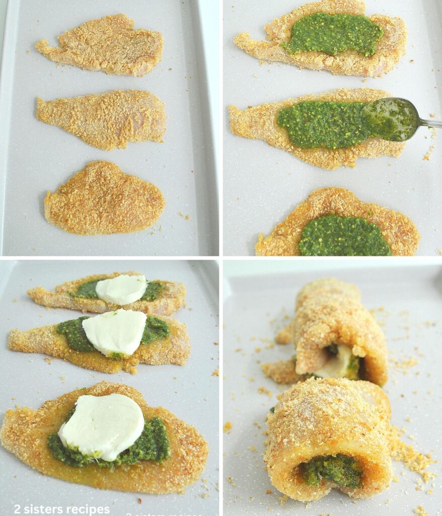 Steps to filling the chicken with pesto sauce, and  slice of mozzarella, and rolled up. 